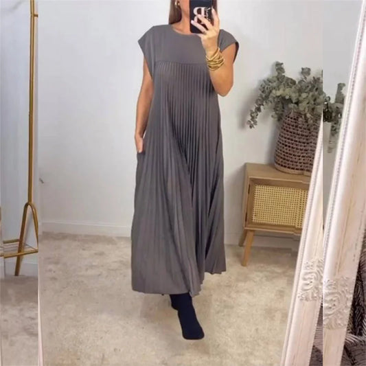 Women Pleated Simple Solid Colour Dress